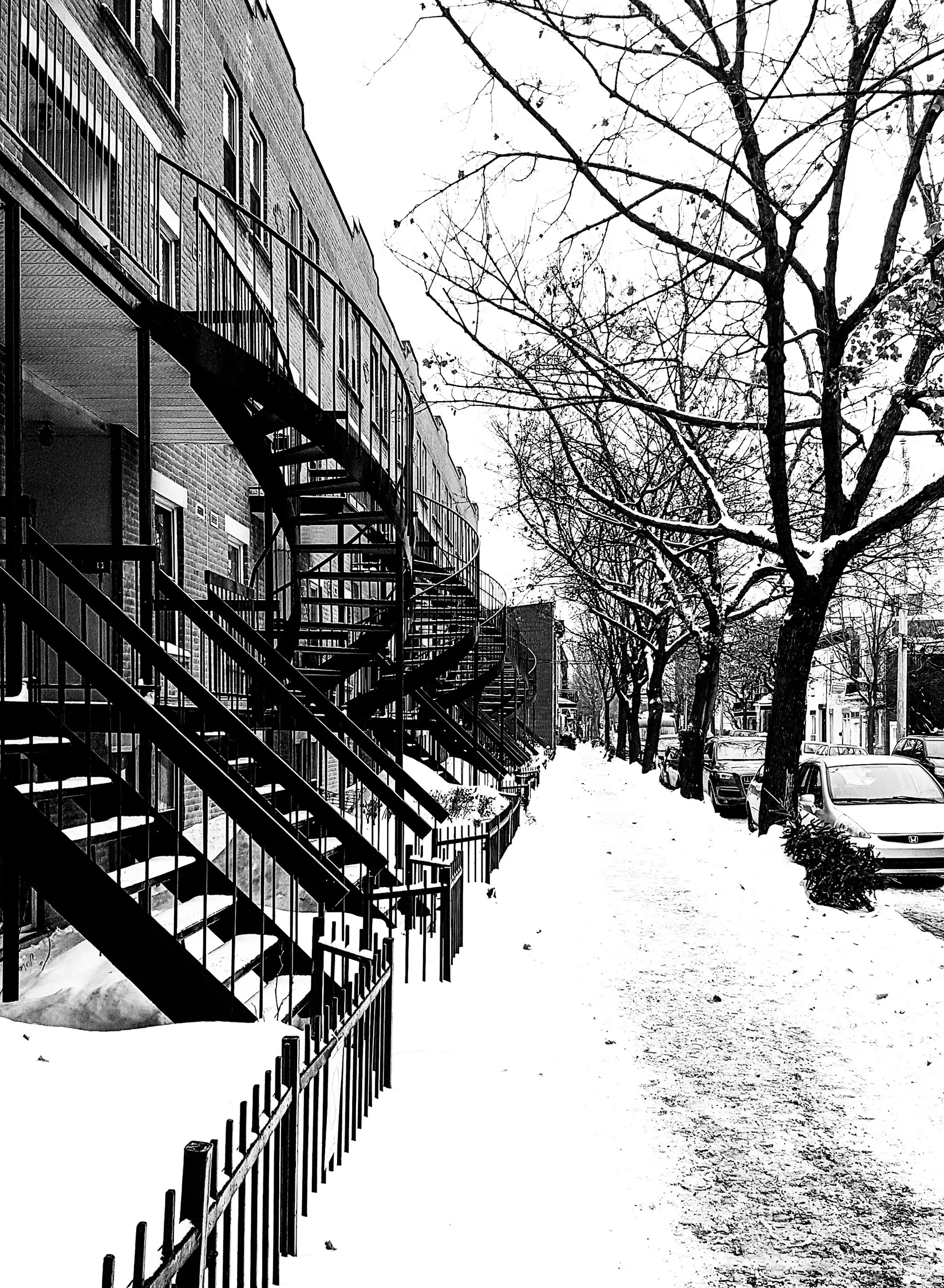 Escaliers extérieurs de duplex montréalais sous la neige